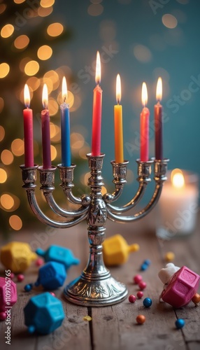 A beautifully crafted silver menorah stands proudly at the center, adorned with vibrant candles flickering in hues of red, blue, yellow, and purple, casting a warm glow against a softly blurred photo