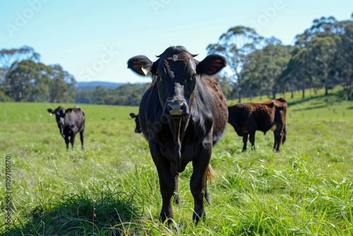 Australian beef cattle farm with cows and calves grazing. photo