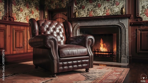 Classic leather armchair in avintage living room with wallpaper - rendering photo