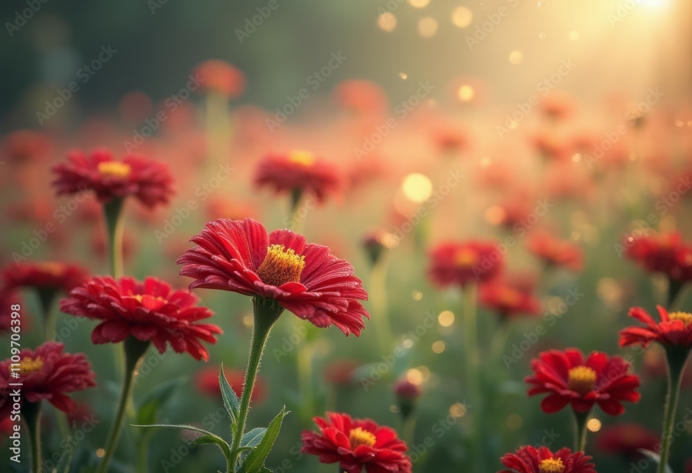 A vibrant field of red flowers stretches towards the horizon, illuminated by the warm glow of the setting sun. Each blossom stands tall, showcasing intricate petals and a burst of yellow at their A vibrant field of red flowers stretches towards the horizon, illuminated by the warm glow of the setting sun. Each blossom stands tall, showcasing intricate petals and a burst of yellow at their
