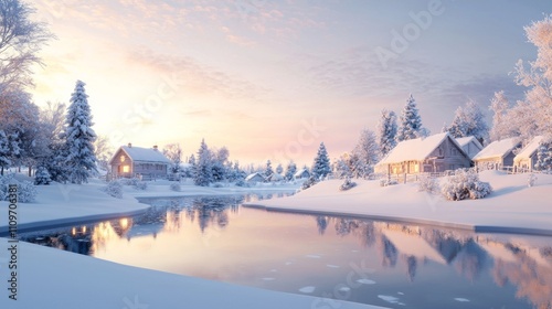 Enchanted Winter Wonderland: Fantasy Beings Celebrating Christmas by a Frozen Lake in a Magical Village - Ultra-Detailed Nature Scene photo