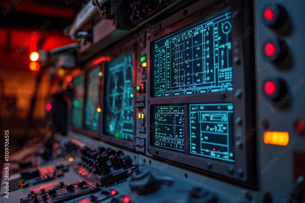 Multiple screens displaying technical data and parameters on a complex control panel in a monitoring environment Multiple screens displaying technical data and parameters on a complex control panel in a monitoring environment