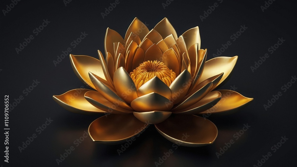 Golden lotus flower on dark background. 3d 