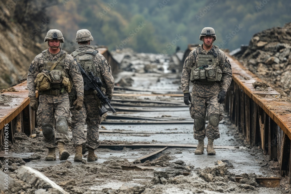 Soldiers patrolling a damaged bridge after a natural disaster Soldiers patrolling a damaged bridge after a natural disaster