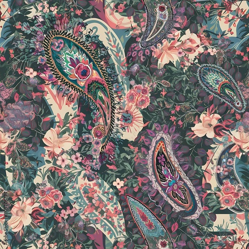 Seamless pattern with paisley and flowers