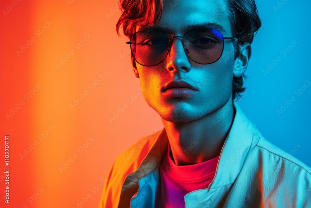 Stylish man wearing sunglasses posing under red and blue studio lights, creating a vibrant and fashionable atmosphere Stylish man wearing sunglasses posing under red and blue studio lights, creating a vibrant and fashionable atmosphere