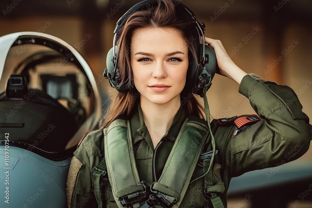 Female military pilot prepares for mission beside fighter jet in dramatic lighting Female military pilot prepares for mission beside fighter jet in dramatic lighting