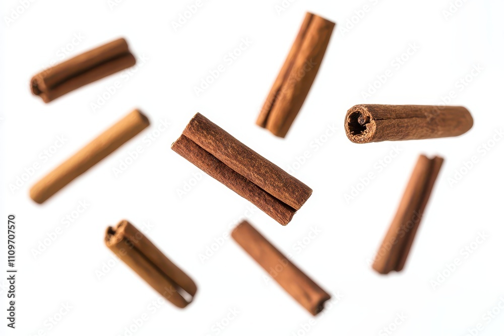 Cinnamon sticks are suspended in mid-air isolated on a white background