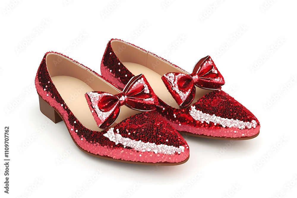 3D rendering of iconic red sequined shoes with bows, isolated on white background, detailed. 32k, full ultra hd, high resolution 3D rendering of iconic red sequined shoes with bows, isolated on white background, detailed. 32k, full ultra hd, high resolution