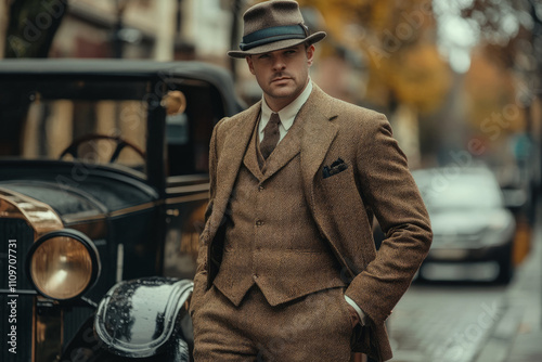 Wealthy businessman in elegant vintage suit and hat posing near classic luxury car in urban setting, exuding timeless style and sophistication photo