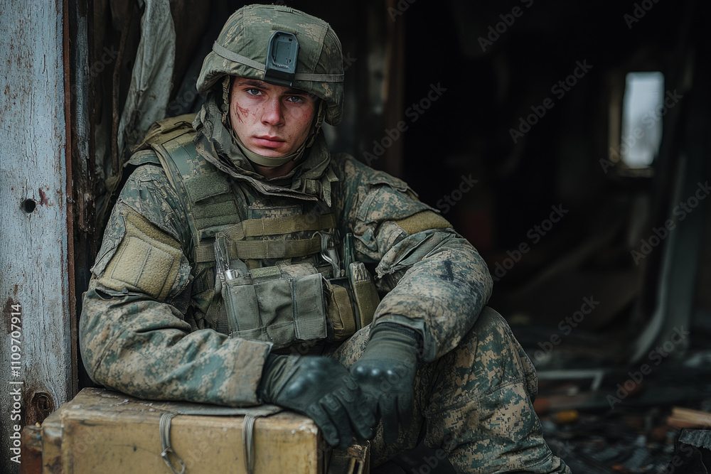 Soldier with a wound on his face resting in a damaged building during a war Soldier with a wound on his face resting in a damaged building during a war