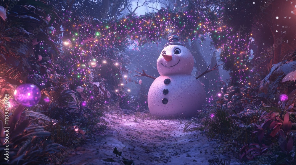 Obraz premium Enchanted Christmas Forest Clearing with Gigantic Snowman and Mythical Creatures Surrounded by Colorful Lights | Ultra-Detailed Fantasy Celebration Scene