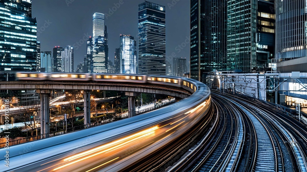Fototapeta premium Urban Night Traffic View of Downtown Skyline in China with Dusk Lights and Skyscrapers