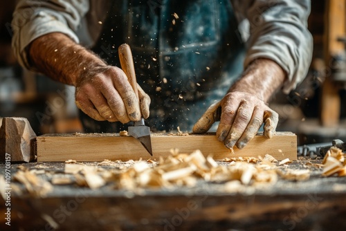 Carpenter shaping wood plank using chisel and mallet, with wood shavings flying in workshop