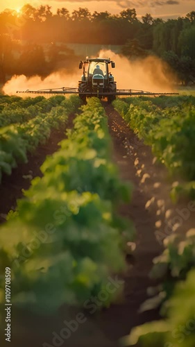 Tractor Spraying Crops at Sunset
