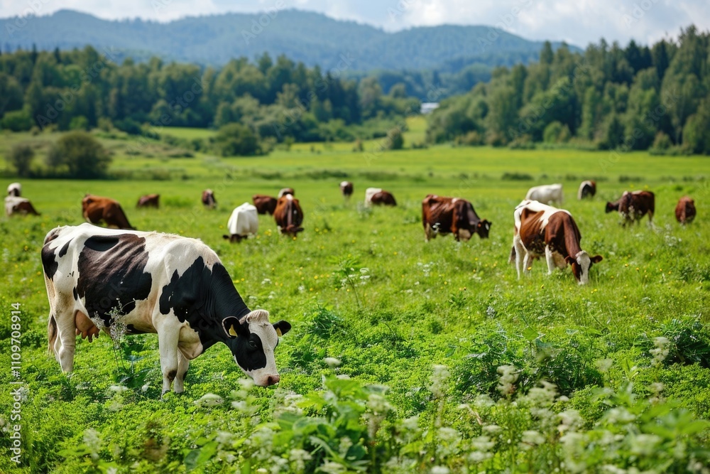 Herd of cows grazing at summer green field Herd of cows grazing at summer green field