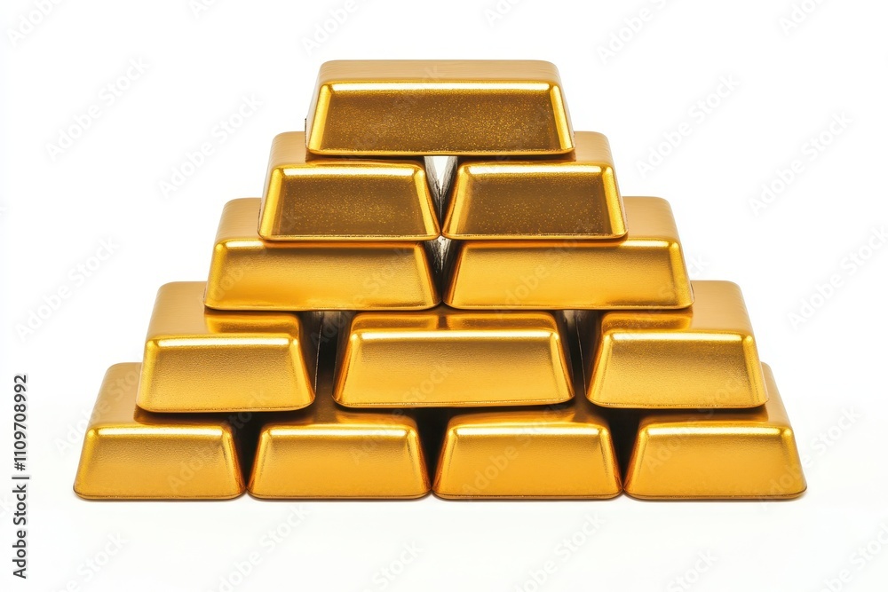 A neatly arranged stack of shiny golden bars are stacked in a pyramid shape A neatly arranged stack of shiny golden bars are stacked in a pyramid shape