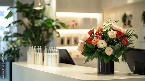 Elegant flower arrangement on a modern reception desk in a bright, minimalist interior.