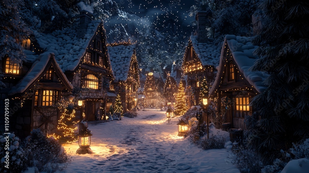 Obraz premium Enchanting Winter Wonderland: Snowy Village with Glowing Lanterns and Festive Fantasy Christmas Celebration in Ultra-Detailed Night Scene