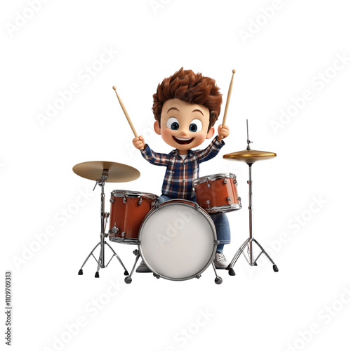 Happy Boy Playing Drums with Enthusiasm - Music and Rhythm Cartoon Art - Generated AI