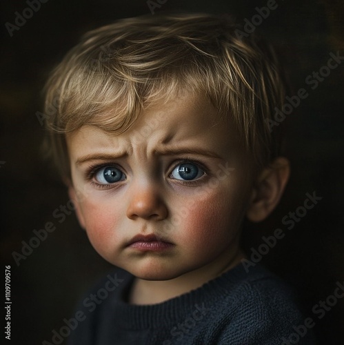 Stunning high resolution shot of an amazing toddler with tears in his eyes, fine art session