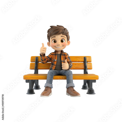 Little Boy Sitting on a Bench with a Smile - Peaceful and Cute Illustration - Generated AI