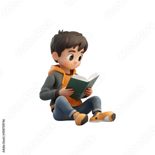 Boy Sitting on the Ground Reading a Book - Learning and Curiosity Illustration - Generated AI