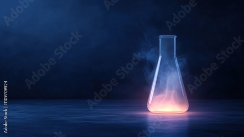 Laboratory flask on a dark blue background. the flask is made of glass and has a long neck with a narrow opening at the top.