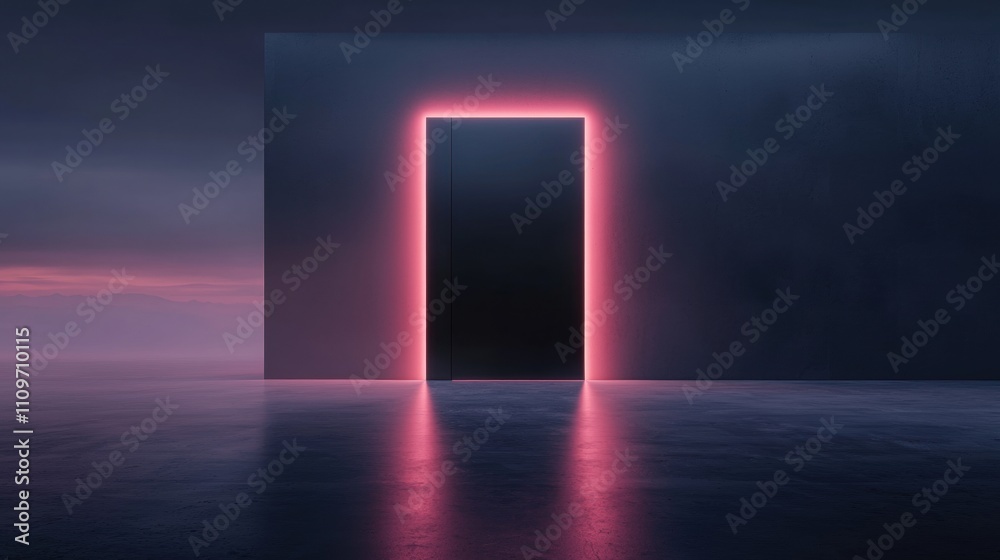 Open door in the middle of a dark room with a pink and purple gradient background. the door is in the center of the image, with a rectangular shape and is lit up with a bright red light. Open door in the middle of a dark room with a pink and purple gradient background. the door is in the center of the image, with a rectangular shape and is lit up with a bright red light.