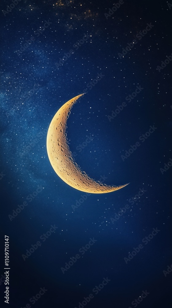 Crescent moon against starry night sky for ramadan celebration Crescent moon against starry night sky for ramadan celebration