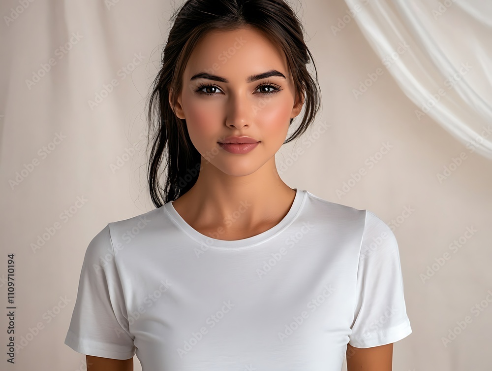 Clear and elegant photo of a woman in a white t-shirt, frontal view with a light backdrop, ultra HD quality Clear and elegant photo of a woman in a white t-shirt, frontal view with a light backdrop, ultra HD quality