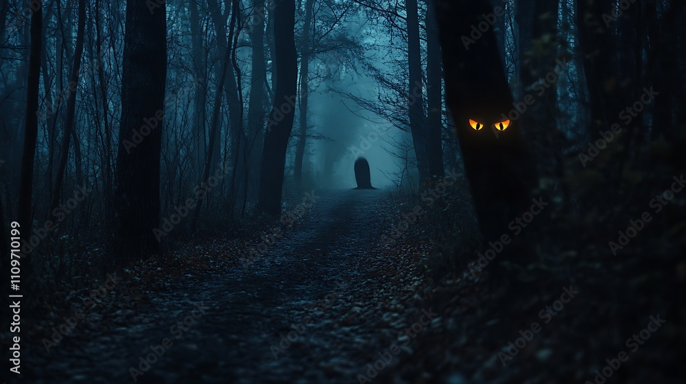 Obraz premium Forest shrouded in fog with faintly visible glowing eyes image