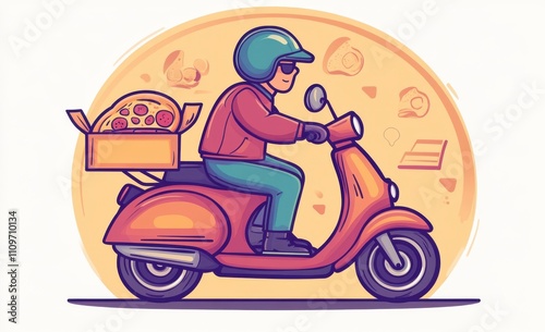 Pizza delivery rider on a red scooter transporting a pizza box through a busy urban street