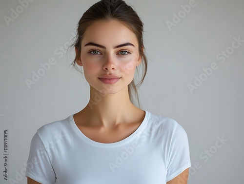 Clear and elegant photo of a woman in a white t-shirt, frontal view with a light backdrop, ultra HD quality