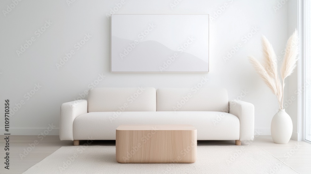 Modern living room with a white sofa and a wooden coffee table in the center. the sofa is upholstered in a light beige fabric and has a curved backrest and armrests. Modern living room with a white sofa and a wooden coffee table in the center. the sofa is upholstered in a light beige fabric and has a curved backrest and armrests.