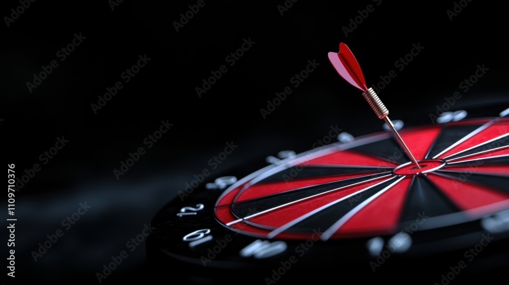 Obraz premium Close-up of a dartboard with a red and black dart in the center. the dartboard is circular in shape and has a black background with white numbers around the edges.