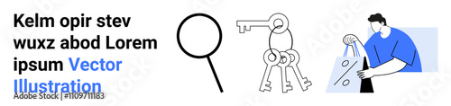 Magnifying glass, set of keys, and man moving an object. Ideal for search processes, security, key management, investigation, productivity organization and protection themes. Landing page