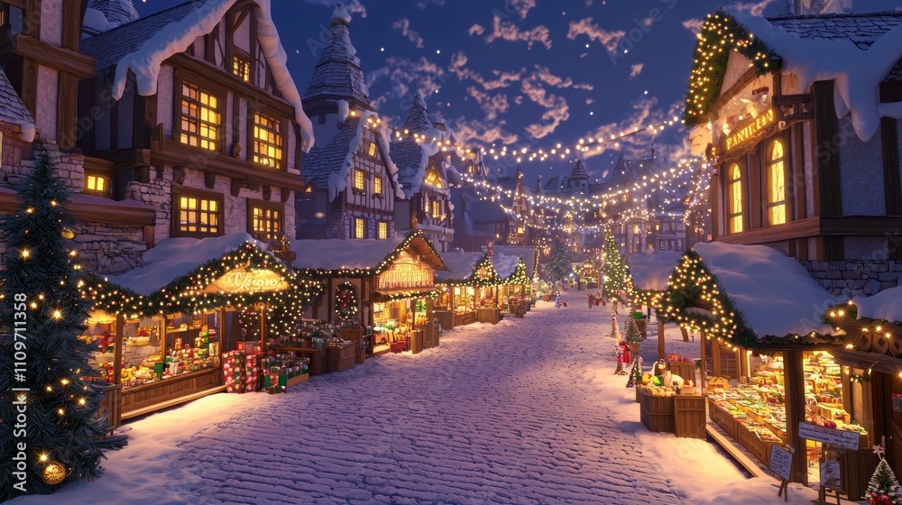 Obraz premium Enchanting Christmas Market Wonderland with Mythical Vendors, Gifts, and Snowfall under Twinkling Lights - Ultra-Detailed Festive Scene