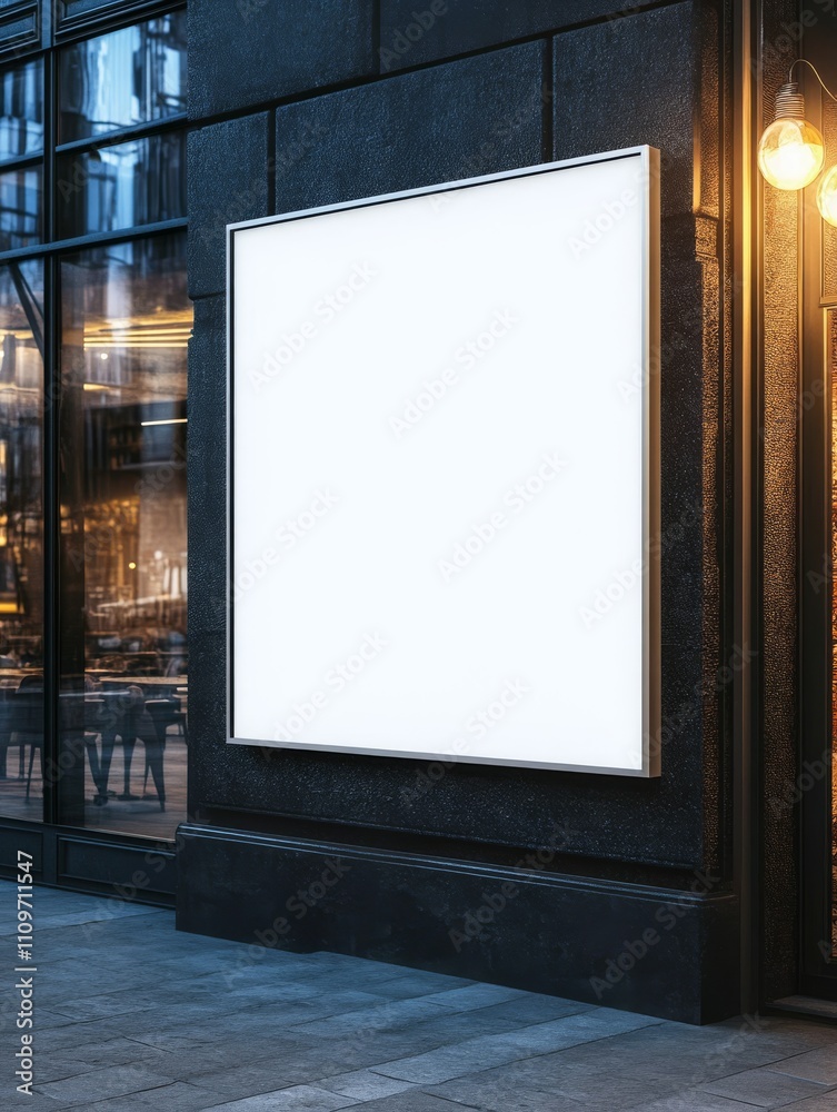 A large white poster mockup displayed outside a restaurant provides a versatile advertising space that is ideal for effectively promoting specials, events, and seasonal offers to attract customers A large white poster mockup displayed outside a restaurant provides a versatile advertising space that is ideal for effectively promoting specials, events, and seasonal offers to attract customers