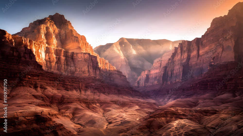 Fototapeta premium Majestic canyon with warm, glowing sunlight.