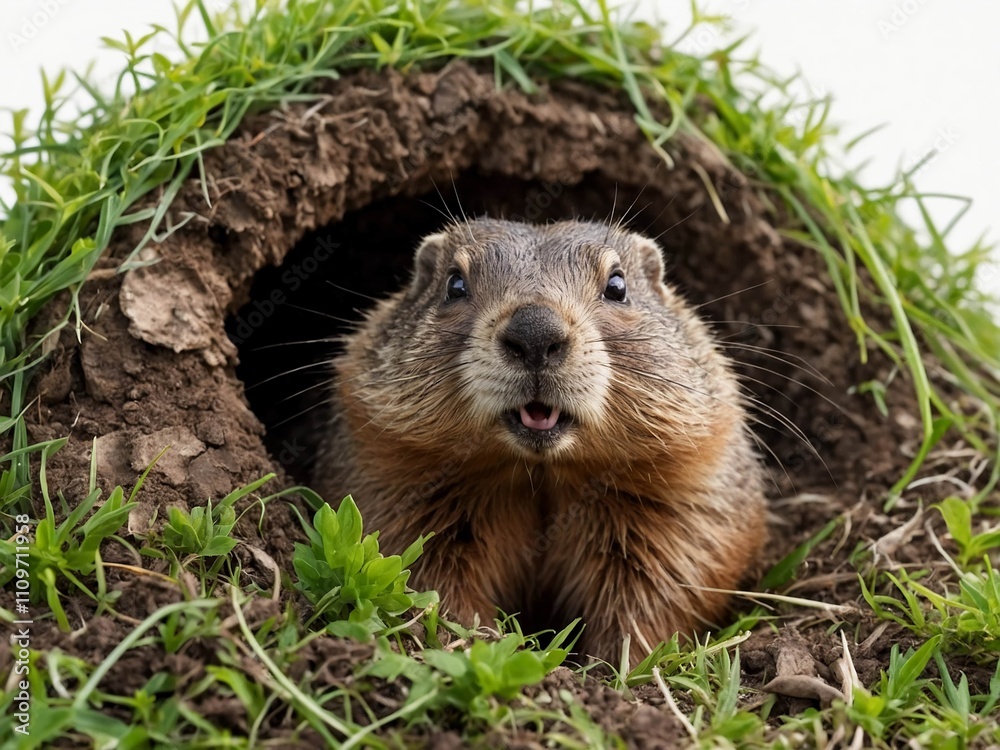 cute brown marmot emerges from grass hole to celebrate spring day in february cute brown marmot emerges from grass hole to celebrate spring day in february