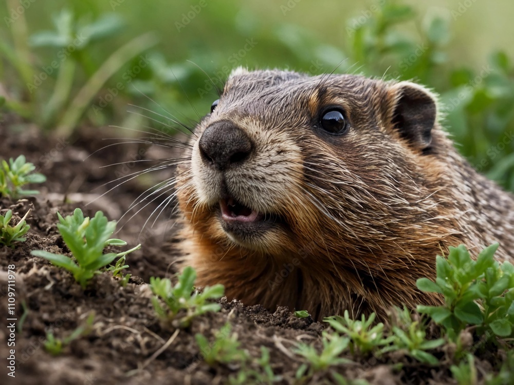cute brown marmot emerges from grass hole to celebrate spring day in february cute brown marmot emerges from grass hole to celebrate spring day in february