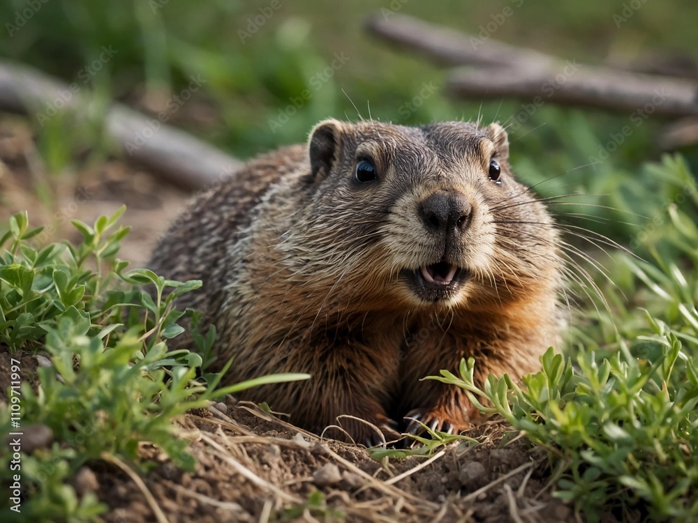 cute brown marmot emerges from grass hole to celebrate spring day in february cute brown marmot emerges from grass hole to celebrate spring day in february