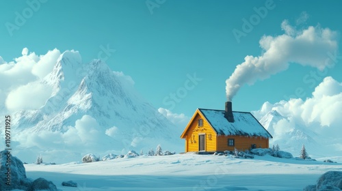 A Cozy Yellow Cabin Nestled in a Snowy Mountain Landscape