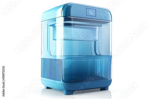Stylish blue dehumidifier with transparent water tank on white background