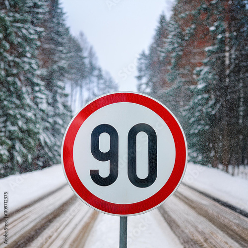 Round traffic sign 90 km/h maximum, speed limit for speeding vehicles. Winter snowy background. photo