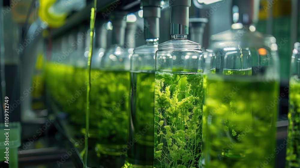 Bottles containing vibrant green liquid, possibly algae or plant extracts. Bottles containing vibrant green liquid, possibly algae or plant extracts.