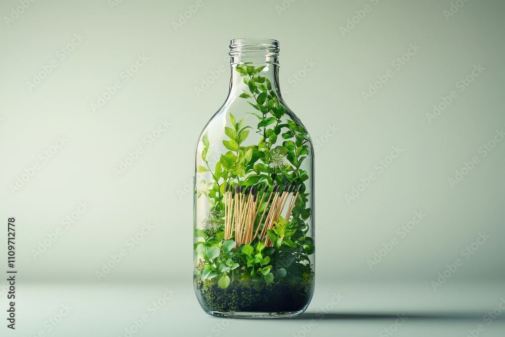 Glass jar filled with fresh green leaves and cotton swabs Glass jar filled with fresh green leaves and cotton swabs