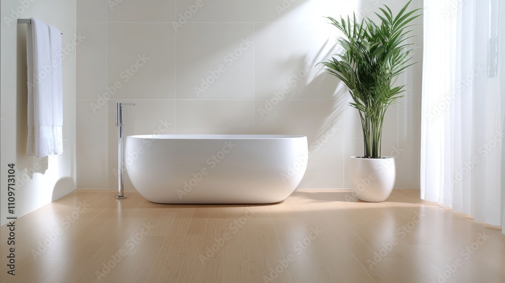 Fototapeta premium Modern bathroom with a white freestanding bathtub in the center. the bathtub is white and has a sleek design with a curved shape.