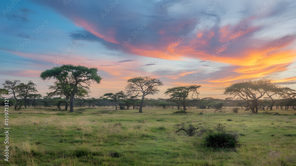 Obraz premium Grassy savanna with scattered trees under a vibrant sky.